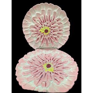 Anthropologie Lilypad Floral Ceramic Salad/Dessert Plates Set Of 2 8" Pink/Yello